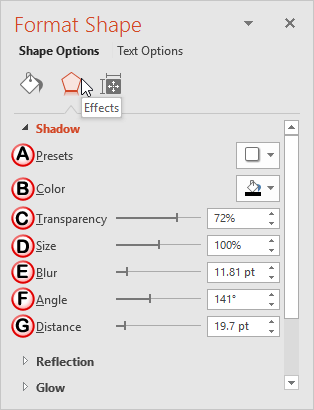 Shadow options within the Format Shape Task Pane Shadow options within the Format Shape Task Pane
