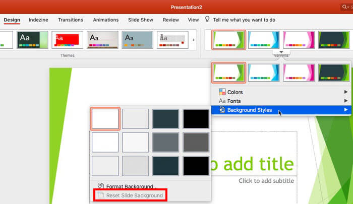 Reset Slide Background option within the Background Styles gallery Reset Slide Background option within the Background Styles gallery