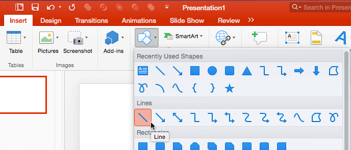 Line shape within the Shapes drop-down gallery Line shape within the Shapes drop-down gallery