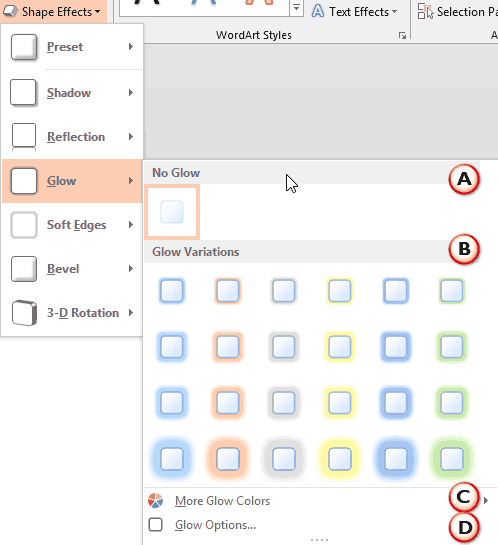 Glow sub-gallery within the Shape Effects drop-down gallery