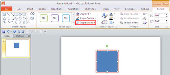 Shape Effects button within Drawing Tools Format tab of the Ribbon Shape Effects button within Drawing Tools Format tab of the Ribbon