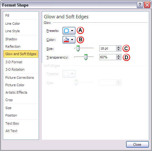 Glow options within Format Shape dialog box Glow options within Format Shape dialog box