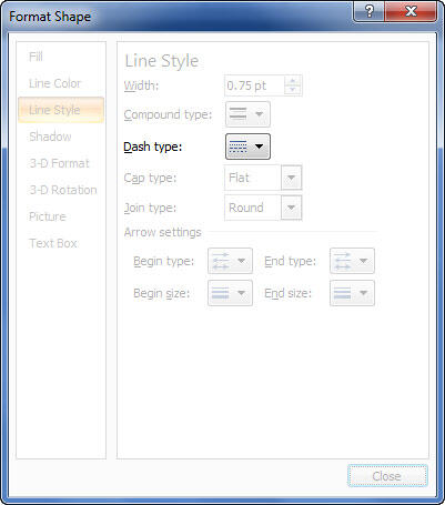 Dash type option in the Format Shape dialog box