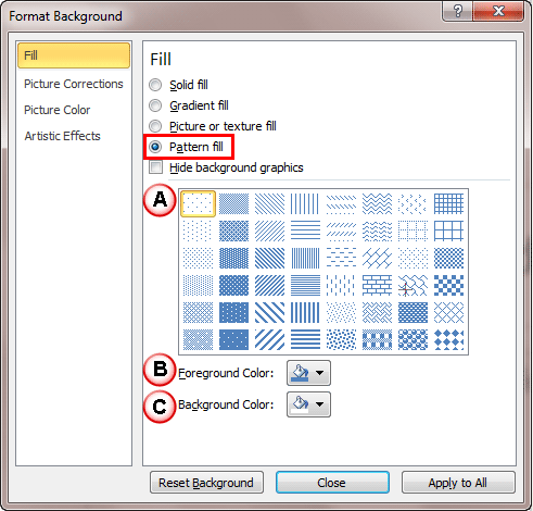 Pattern fill radio button selected within the Format Background dialog box Pattern fill radio button selected within the Format Background dialog box