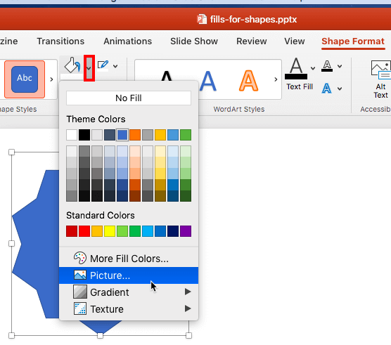 Shape Fill drop-down gallery