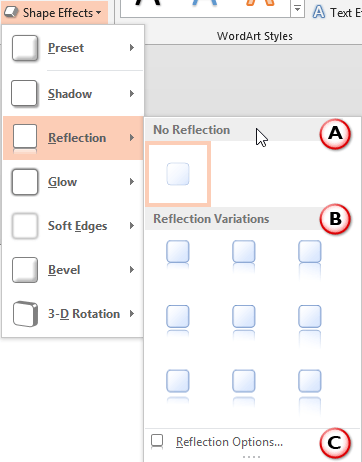 Reflection sub-gallery within Shape Effects drop-down gallery