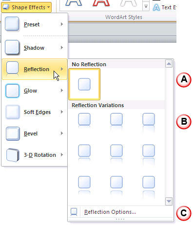 Reflection drop-down gallery within Shape effects