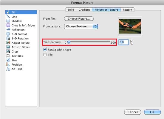 Transparency slider for Picture or Texture fills