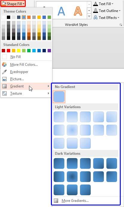 Gradient sub-gallery within the Shape Fill drop-down gallery