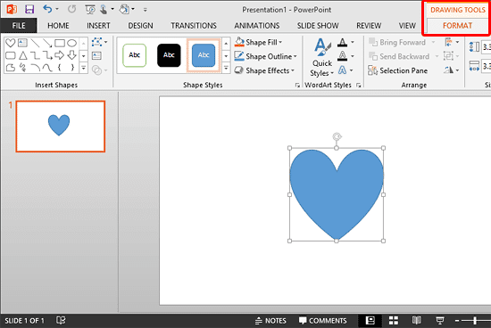 Drawing Tools Format tab of the Ribbon