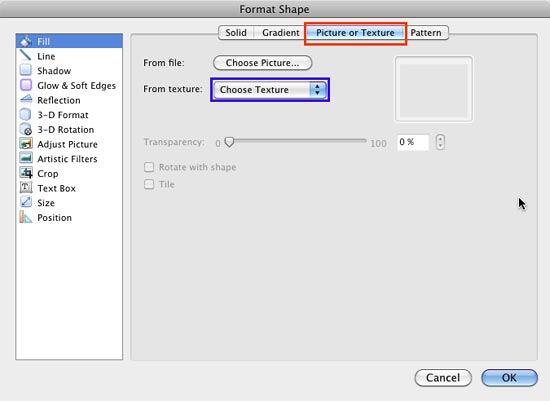 Picture or Texture options within Fill panel of Format Shape dialog box