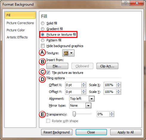 Picture or Texture Fill radio button selected within the Format Background dialog box Picture or Texture Fill radio button selected within the Format Background dialog box