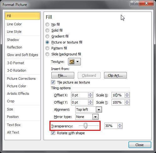 Set transparency for picture or texture fill