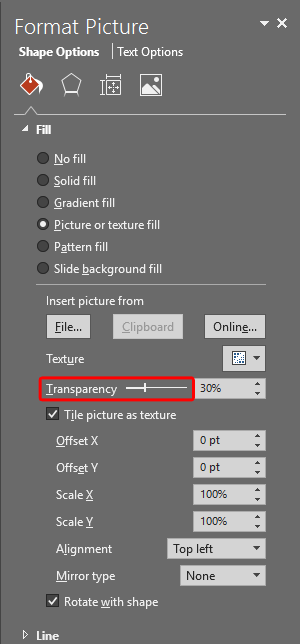 Set Transparency for picture or texture fill