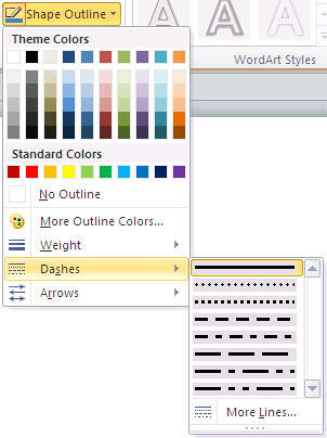 Dashes option in the Shape Outline gallery Dashes option in the Shape Outline gallery