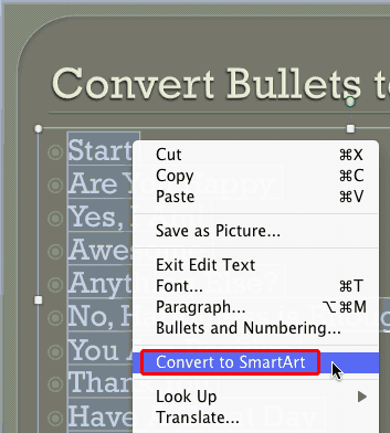 Convert to SmartArt option selected