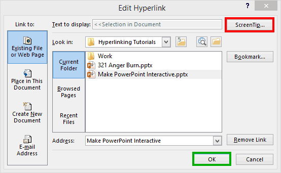 Edit Hyperlink dialog box Edit Hyperlink dialog box