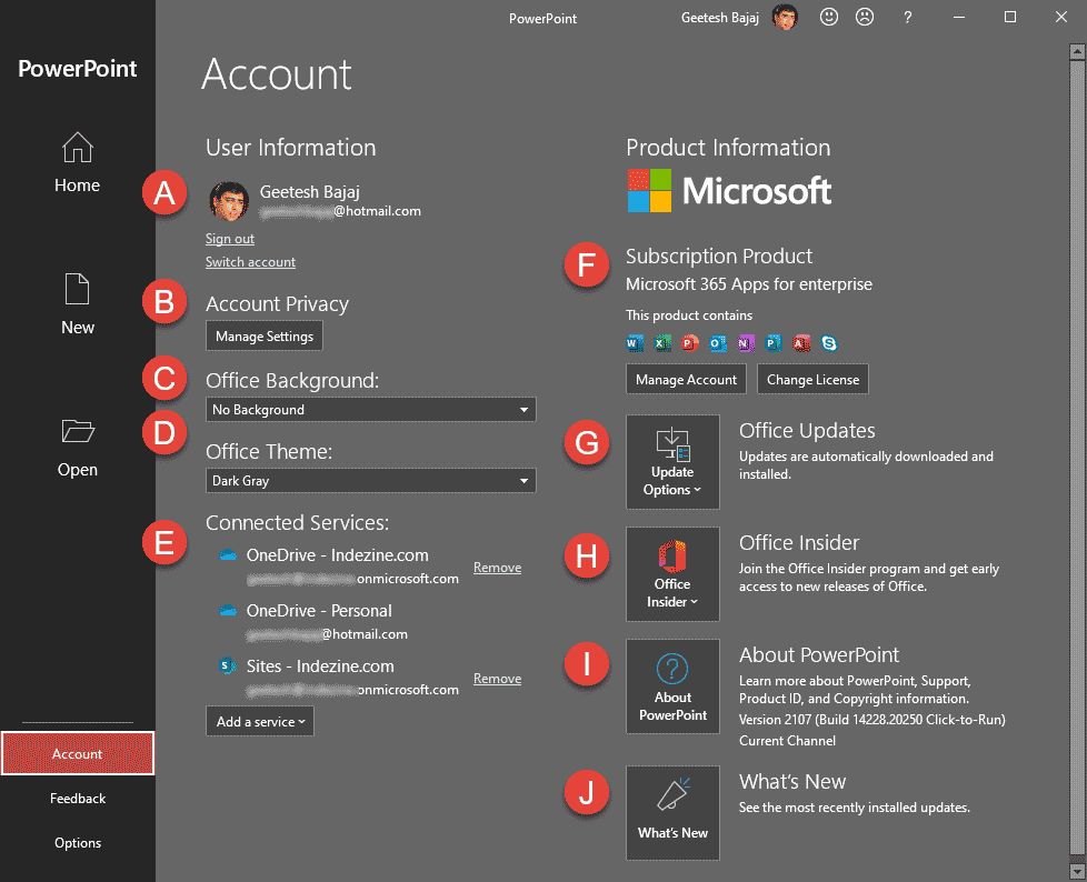 Backstage view's Account tab in PowerPoint Backstage view's Account tab in PowerPoint