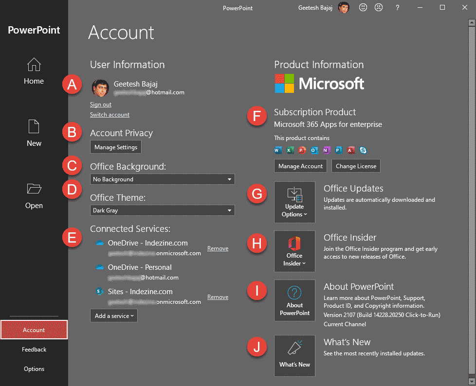 Backstage view's Account tab in PowerPoint 