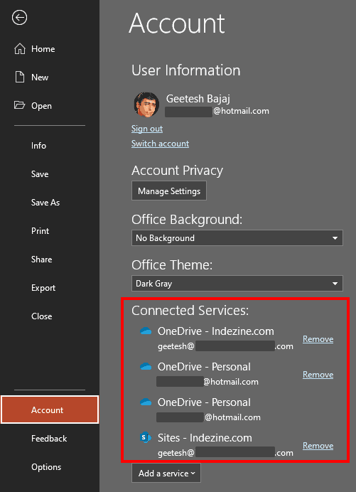 Account window in PowerPoint 365 for Windows