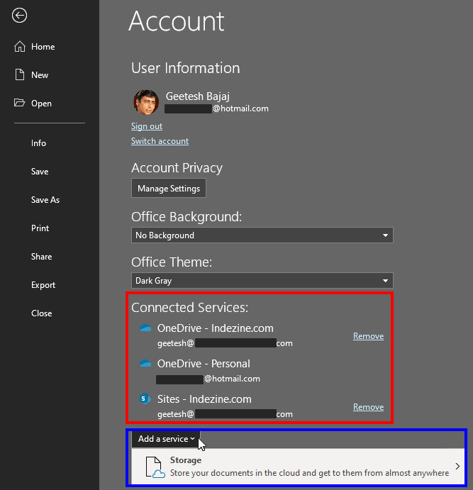 Account window in PowerPoint 365 for Windows