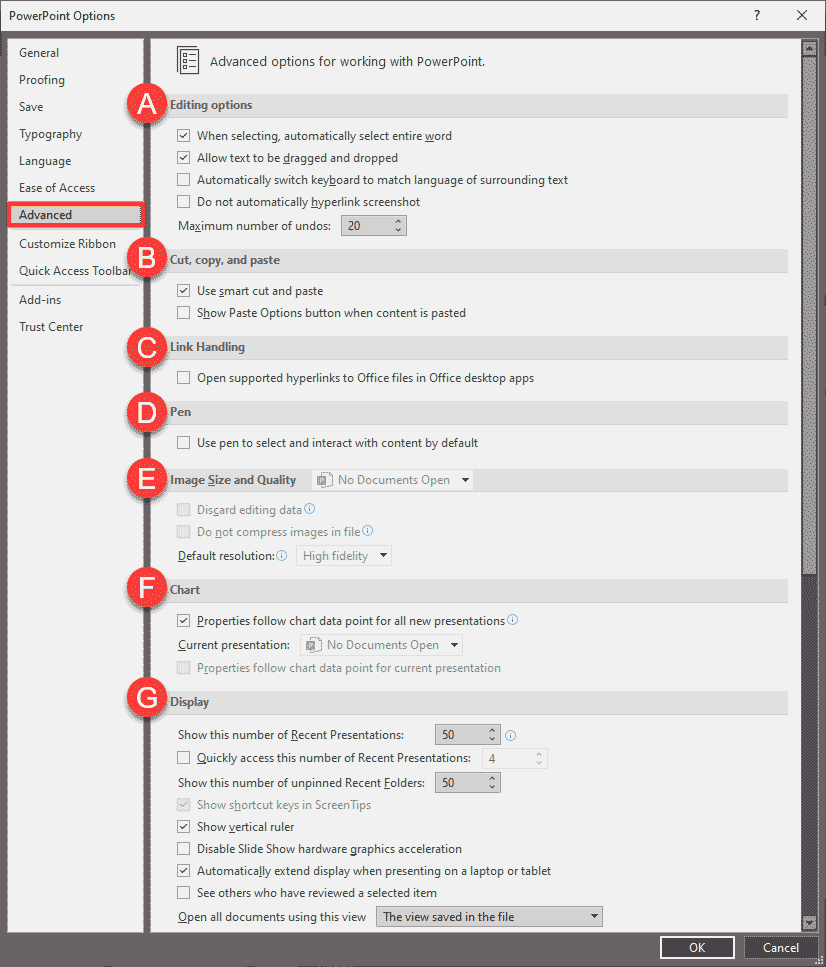 Advanced options in PowerPoint 365