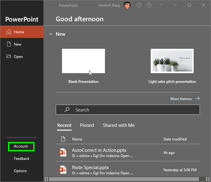 Backstage view in PowerPoint 365 Backstage view in PowerPoint 365