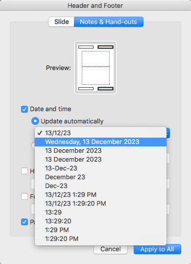 Date (or date and time) format drop-down list in PowerPoint 2016 Mac Date (or date and time) format drop-down list in PowerPoint 2016 Mac