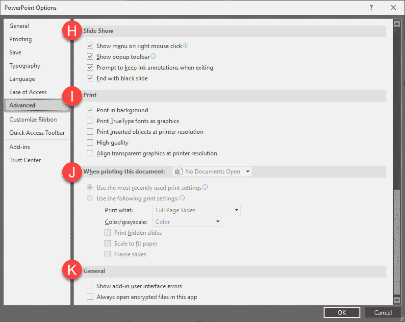 More options in the Advanced tab of the PowerPoint Options dialog box