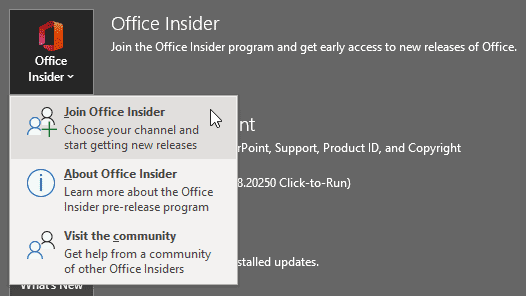 Office Insider flyout menu Office Insider flyout menu