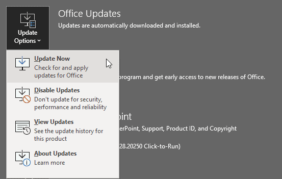 Office Updates flyout menu in PowerPoint 365