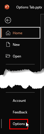 Options within Backstage view in PowerPoint 365 for Windows