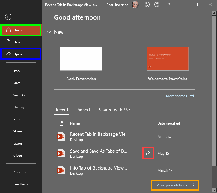 Backstage view in PowerPoint 2019 for Windows