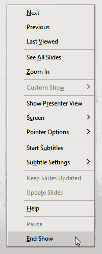 Contextual menu in Slide Show view of PowerPoint 365