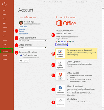 Account Option in Backstage View in PowerPoint 2016 for Windows