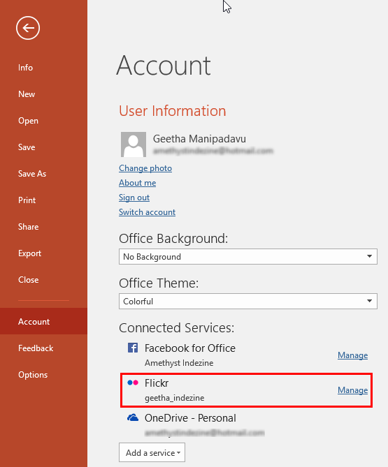 Flickr service added within Connected Services list