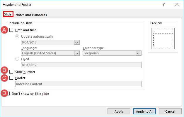 Slide tab within Header and Footer dialog box