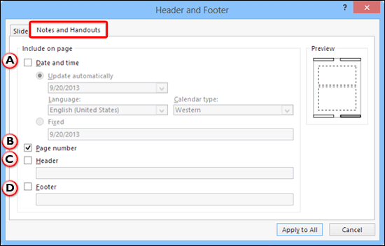Notes and Handouts tab within Header and Footer dialog box