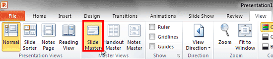 Slide Master button within the View tab of the Ribbon