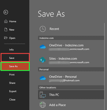 Save and Save As Tabs of Backstage View in PowerPoint 365 for Windows