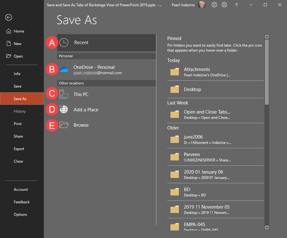 Save As tab selected within Backstage view