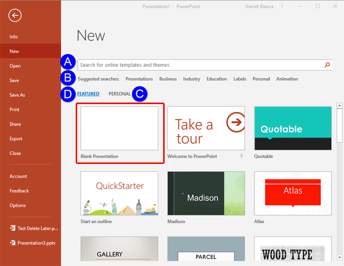 New option selected within Backstage view