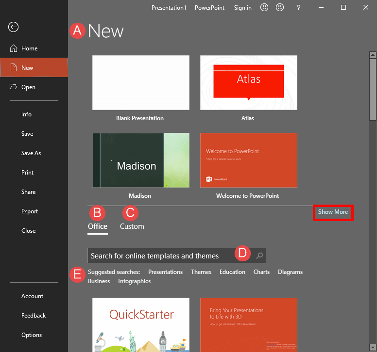 New Tab of Backstage View in PowerPoint 365 for Windows