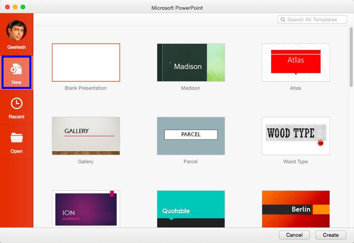 New tab selected within Backstage view