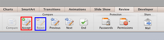 Accept and Reject buttons within the Review tab of the Ribbon
