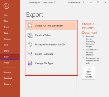 Export Option in Backstage View in PowerPoint 2016 for Windows