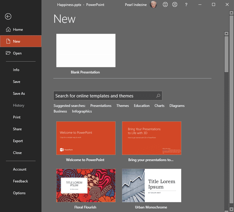 PowerPoint 2019 Backstage view