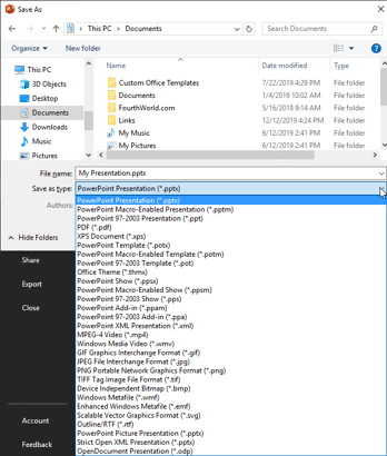Save As types in PowerPoint 2019