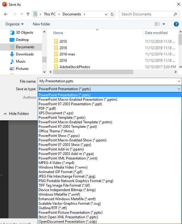 Save As types in PowerPoint 365 Save As types in PowerPoint 365