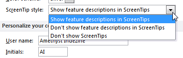 ScreenTip style drop-down list